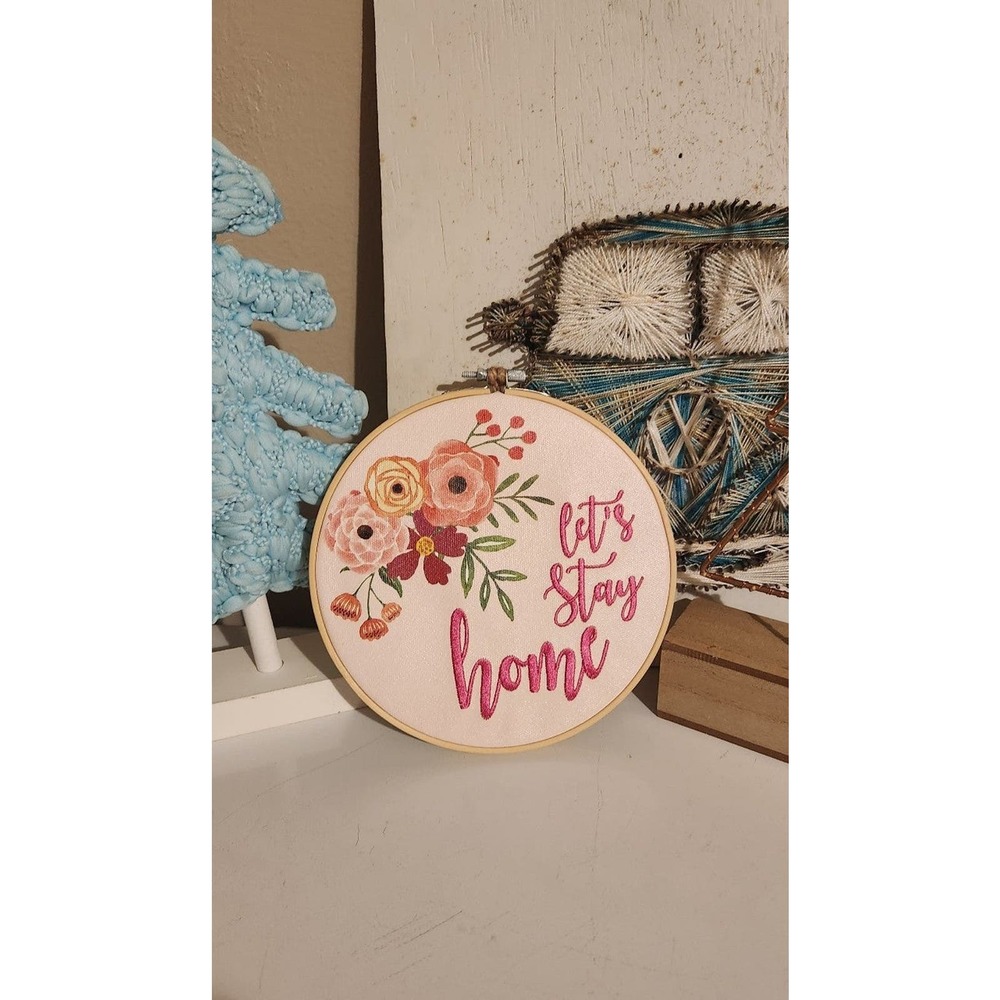 Decor Let's stay home pink canvas nwt embroidery hoop hanging decor pink floral